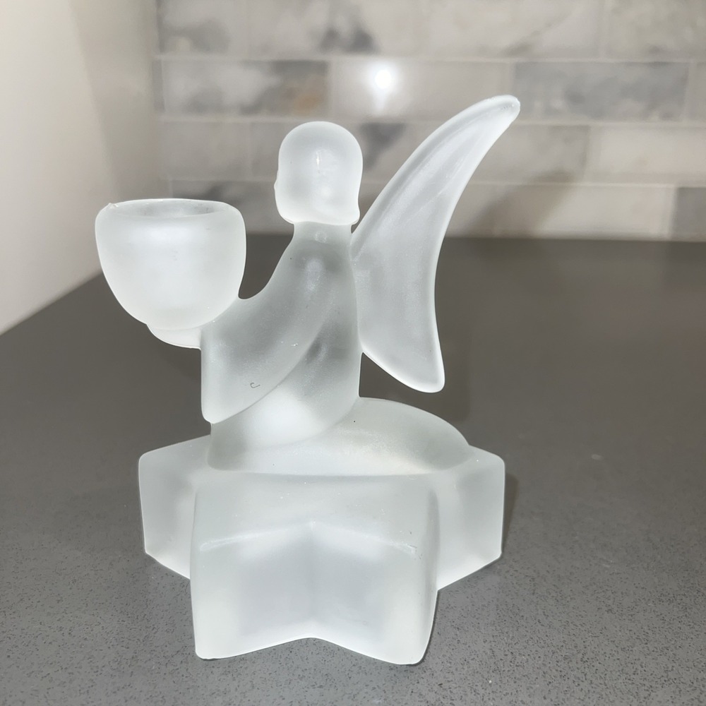 Vintage Frosted Glass Angel Candle Holder 4" Star Base, 5.5" Tall